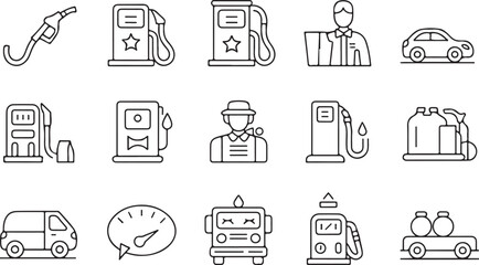 A series of icons related to fuel stations, including fuel pumps, cars, gas stations, and workers, ideal for illustrating the fuel and automotive industry.