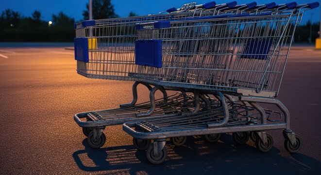 Empty shopping carts lined up on a parking lot at twilight