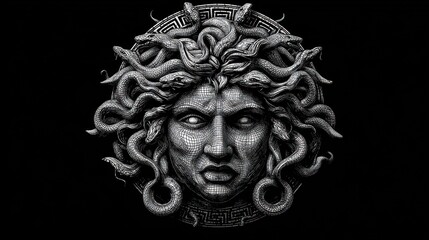 Circular bas-relief Medusa head.  Intricate, sculpted face with a fierce expression, surrounded by numerous snakes. Greek-style decorative border