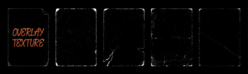 Crumpled paper pages with worn edges, vintage texture overlay with dust and grain effect. A4 grunge stamps, easy to scale. Paper old texture overlay, torn, wrinkled, grainy and other effects. Vector 