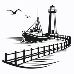 Fishing boat leaving harbor silhouette