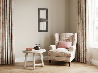 Obraz premium Cozy cottage style living room with floral armchair pink pillow tea set and framed art