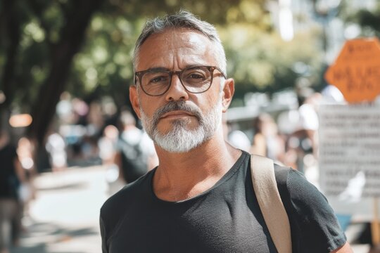 Middle-aged Hispanic male activist organizes community workshops to combat hate speech in urban setting