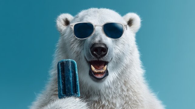 A cheerful polar bear holds a blue popsicle while wearing sunglasses. The background is a solid light blue, creating a fun and playful atmosphere.