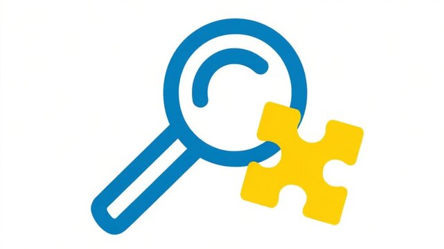 A bold blue magnifying glass touches a yellow jigsaw piece, symbolizing the search for solutions or missing information within a complex system