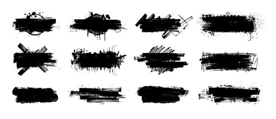 Fototapeta na wymiar Bold black brush strokes with splatters, scribble texture, spray paint, grunge style. Dried stencil smear, ink stains with paint drips and dirty scribbles for logo, text. Vector grunge graphic set
