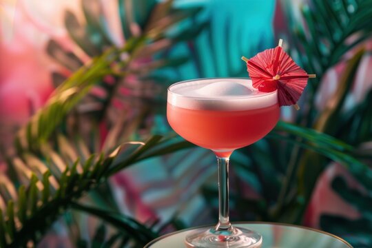 Refreshing pink cocktail is presented with frothy foam, a decorative red umbrella, and a cherry, set against a backdrop of lush tropical foliage
