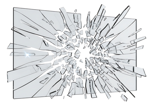 Explosion of shattered glass fragments isolated on transparent background