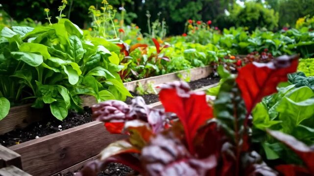 Rows of Lush Green and Red Leafy Vegetables in a Home Garden with Rich Soil and Rustic Wooden Frames in Soft Daylight