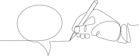 vector illustration of a speech bubble and a human hand holding a pen or pencil, drawn in a continuous line minimalist style. Ideal for communication, writing, and creative design concepts.