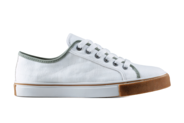 White shoe with a brown sole and a green stripe