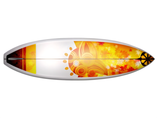 Surfboard with sun and floral design isolated on a transparent background