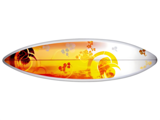 Surfboard with tropical sunset design isolated on a transparent background