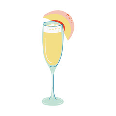 Sweet Bellini Cocktail with peach slice. Tasty Summer drink. Glass with refreshing beverage. Alcohol drink made from prosecco and peach puree. Hand drawn flat design vector illustration.
