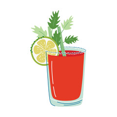 Bloody Mary Cocktail. Glass with beverage, lime wheel, celery stalk. Savory alcohol drink made from vodka and tomato juice. Hand drawn flat design vector illustration.
