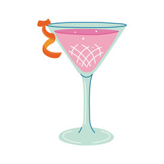 Refreshing Cosmopolitan Cocktail with orange zest. Glass with delicious beverage. Alcohol drink made from vodka and cranberry juice. Hand drawn flat design vector illustration.
