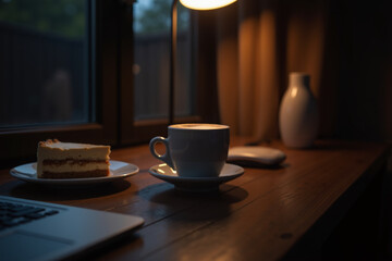 Cozy workspace with coffee, cake, and laptop on wooden table  