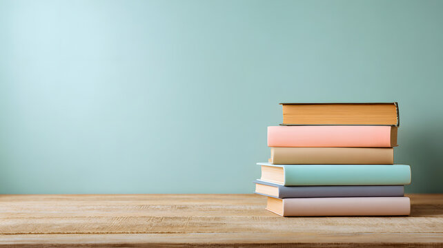 Stacked colorful books on wooden table against a soft pastel background