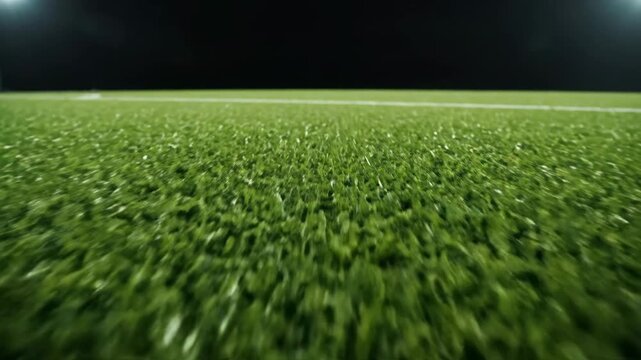 Night Football Field Close-Up - A close-up ground-level shot of an artificial turf field at night, showing the green turf and white lines under stadium lights.