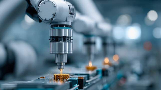 Automated robotic arm performing precision tasks in modern manufacturing facility, showcasing advanced technology and efficiency