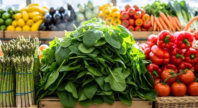 A vibrant display of fresh produce at a market, featuring spinach, peppers, tomatoes, and asparagus