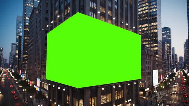Giant Green Screen Billboard in City at Night - A large, green screen billboard dominates the side of a city building at night.