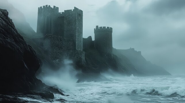 A dramatic coastal scene featuring a castle ruin standing against turbulent waves and a stormy sky.