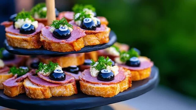 Halloween-themed canape with an eye-shaped olive and salami on a tiered serving tray. Spooky finger food for a Halloween party. Samhain