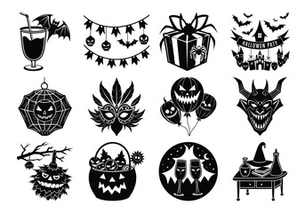 Collection of halloweenthemed black and white silhouettes including pumpkins, bats, ghosts, monsters, and spooky decorations on a white background