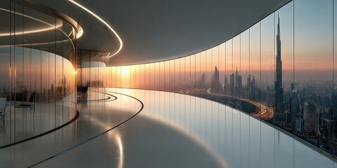 Panoramic view from a luxurious modern high-rise building with curved glass windows overlooking Dubai city skyline at sunset