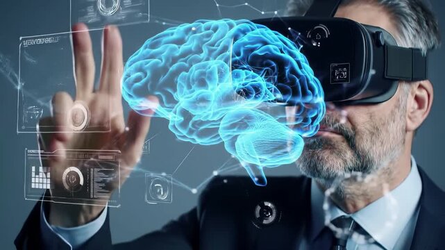 Virtual reality headset with holographic brain visualization. Businessman interacting with futuristic neural interface technology. Digital healthcare innovation, augmented medical research, cybernetic