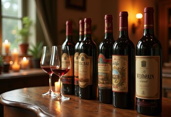 artfully arranged wine bottles rich textures elegant display vintage colors luxurious detailing sublime aesthetics, arrangement, luxury, glass, shine, background