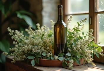 artfully arranged wine bottle surrounded natural elements elegant composition organic aesthetic rustic home decor, elegance, cork, glass, grape, vine