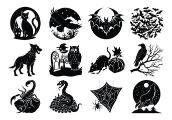 Halloweenthemed black and white silhouette icons including animals like cats, wolves, owls, and bats, with spooky elements like pumpkins and castles on a white background