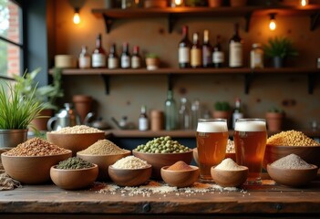 artisan craft beer ingredients rustic display weathered wood natural aesthetic cozy pub atmosphere, barrel, hops, malt, yeast, grain, pint, glass, foam