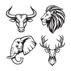 Stylized Animal Head Vector Set – Buffalo, Lion, Elephant, Deer Black and White Tribal Illustration
