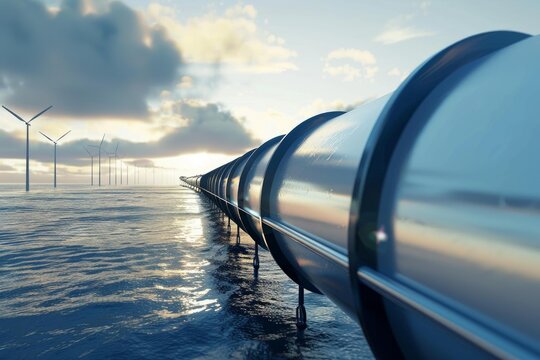 Metal pipeline transporting water or gas near offshore wind turbines, symbolizing sustainable energy and resource management - Powered by Adobe