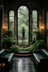 Mysterious gothic interior with tall arched windows, plants and candlelit pathway