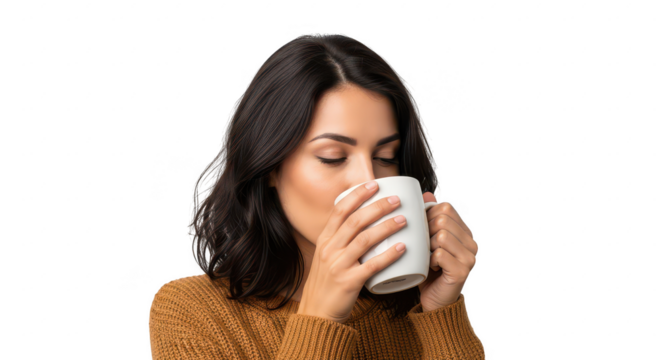 Woman enjoying a warm beverage held in both hands with eyes closed transparent background