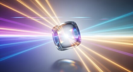 Glass cube glows with blue, purple, and gold streaks. Use as a tech background, poster, or product visualization.