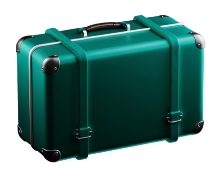Teal vintage suitcase with straps isolated on a transparent background