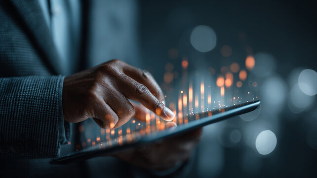 Hand touching glowing digital chart with circular nodes