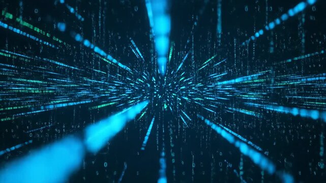 Digital Data Stream Tunnel - A vibrant digital landscape showcasing flowing data streams and binary code creating an immersive experience of technology in motion.