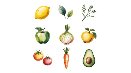 Fototapeta premium Watercolor Fruits and Vegetables Assortment Isolated food produce
