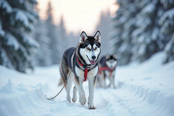 Siberian Huskies walking on a snowy trail in a winter forest  