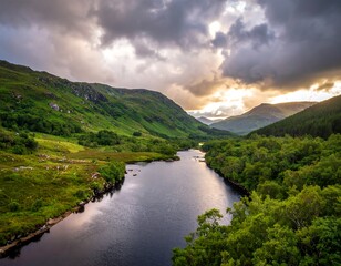 Serene valley landscape at sunset
