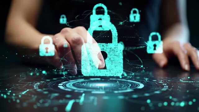 Digital cybersecurity concept with holographic padlock icons and encrypted data protection. Hands typing on keyboard with virtual security locks, privacy shields, and cyber defense technology systems.