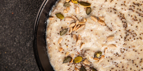 Chia pudding fruit puree tasty snack fresh delicious gourmet food background on the table rustic food top view copy space keto and paleo diet vegan and vegetarian food