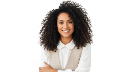 Smiling young woman with voluminous curly hair wearing a white shirt portrait transparent background