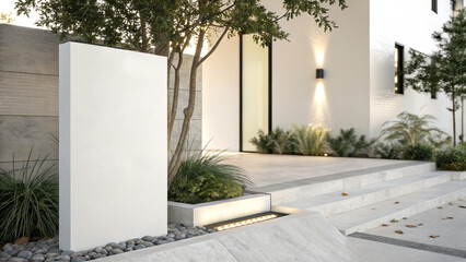 Minimalist exterior entrance with white billboard and modern design
